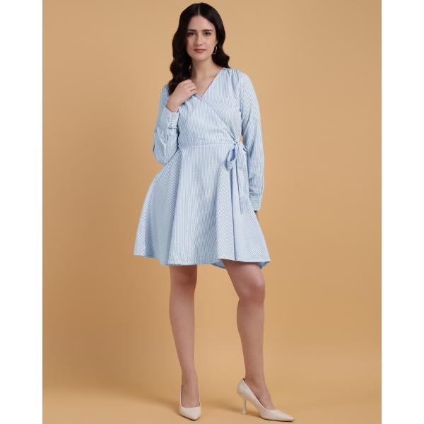 V NECK BLUE STRIPPED ALINE WRAP DRESS WITH FULL CUFF SLEEVES